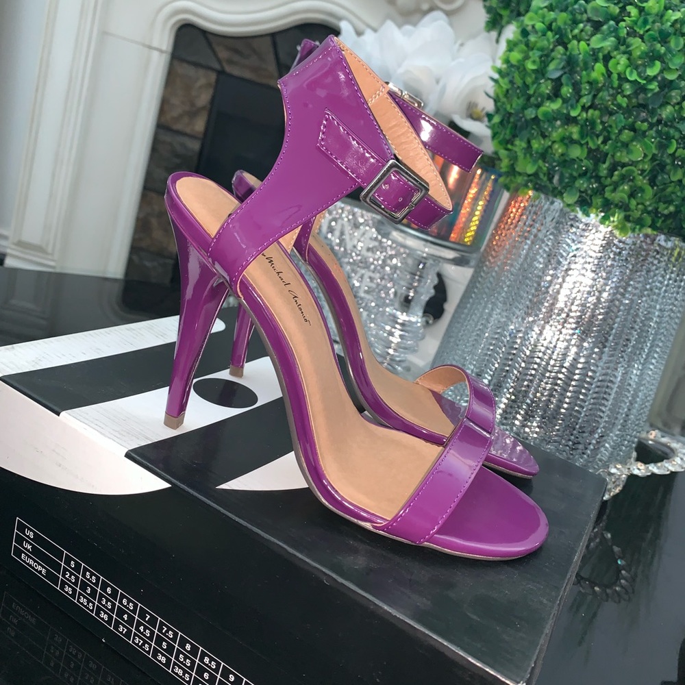 Purple patent faux leather ankle strap heel